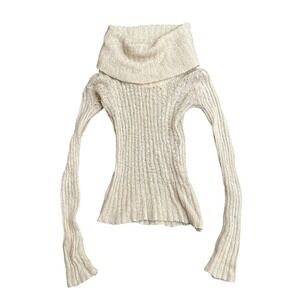 Poof Excellence Womens Cowl Neck Ribbed Knit Sweater Cream Beige Long Sleeve S